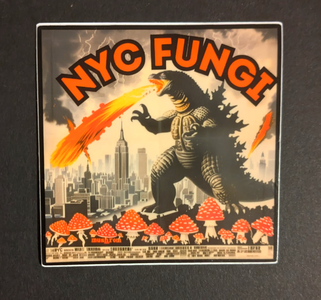 NYC FUNGI Godzilla vs. NYC Sticker - Retro 1970s Poster Style with Mushroom Invasion | Brooklyn Mushroom
